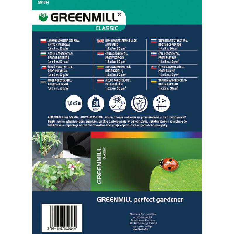 Greenmill AGROWŁÓKNINA 1,6 x 5m  50g/m2  ANTYCHWASTOWA CZARNA