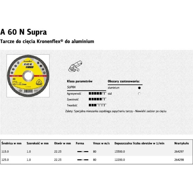 Klingspor TARCZA DO CIĘCIA ALUMINIUM 115mm x 1,0mm 22,2mm  A60N Supra