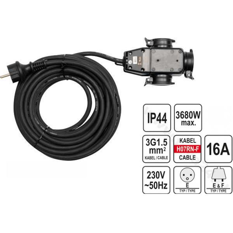 Yato PRZEDŁUŻACZ Z ROZGAŁĘŹNIKIEM 20m 3x1,5mm2 IP44 16A H07RN-F 81162