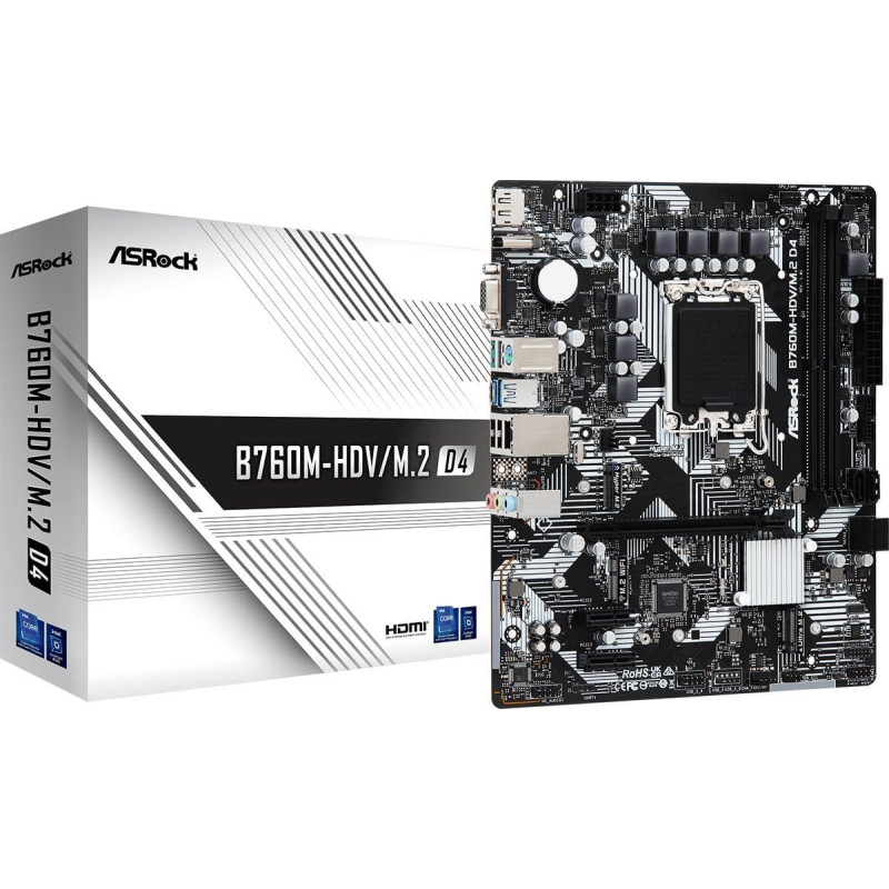 Asrock Mainboard|ASROCK|Intel B760 Express|LGA1700|Micro-ATX|Memory DDR4|Memory slots 2|2xPCI-Express 3.0 1x|1xPCI-Express 4.0 16x|2xM.2|1x15pin D-sub|1xHDMI|1xDisplayPort|2xUSB 2.0|3xUSB 3.2|1xUSB-C|1xPS/2|1xRJ45|3xAudio port|B760M-HDV/M.2D4