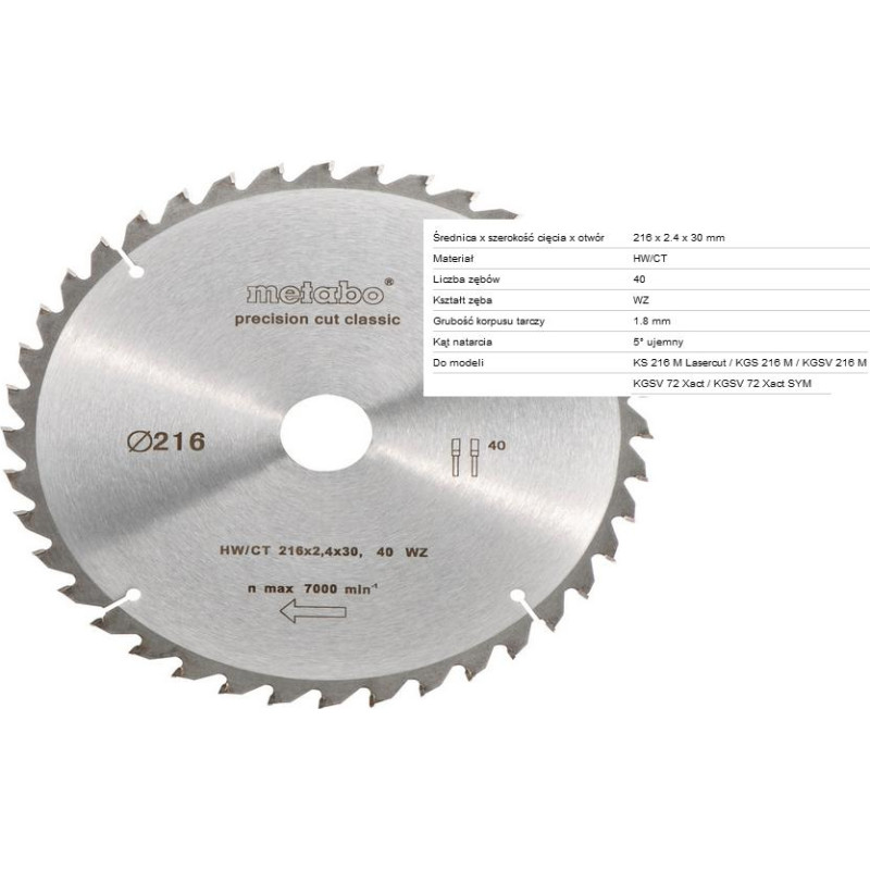 Metabo PIŁA TARCZOWA HW/CT 216x30mm 40-ZĘBÓW