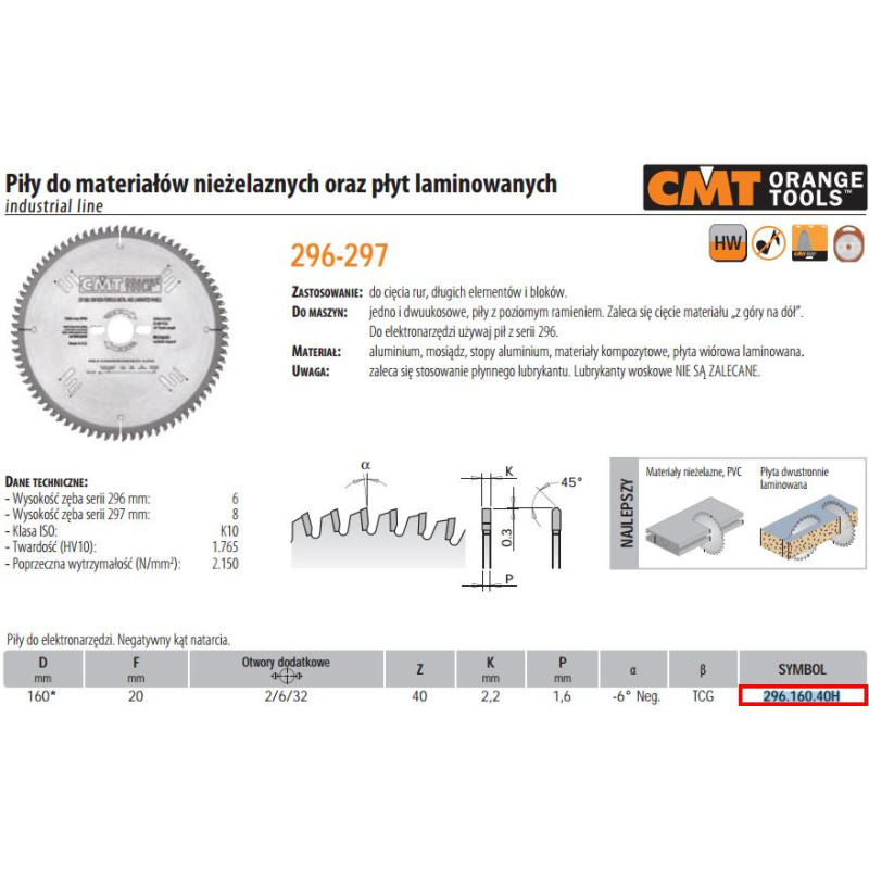 CMT Zāģripa laminātam alumīnijam Industrial Line HW 160x2,2/1,6x20mm Z40 a=-6° b=TCG, CMT