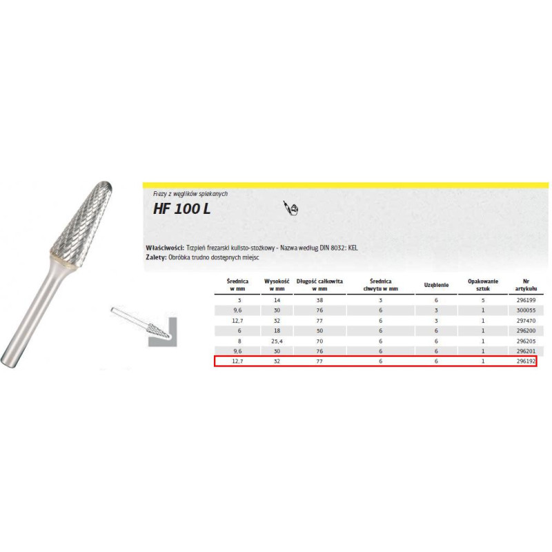 Klingspor FREZ DO METALU HF 100 L FI=12,7x32mm TRZPIEŃ 6mm, TYP:KEL, STOŻKOWO-KULISTY