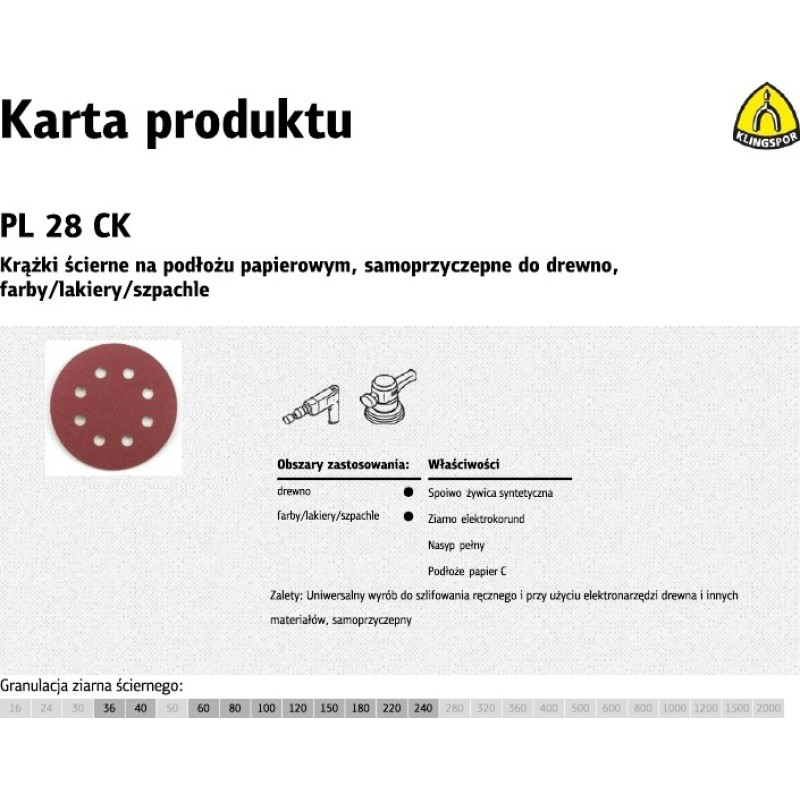 Klingspor KRĄŻEK ŚCIERNY SAMOPRZYCZEPNY 125mm  PL28CK gr. 60 GLS5 8-OTWORÓW /50szt.
