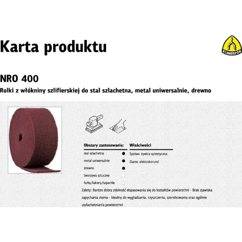 Klingspor ROLKA Z WŁ&Oacute;KNINY SZLIFIERSKIEJ NRO 400  150mm (10mb)
