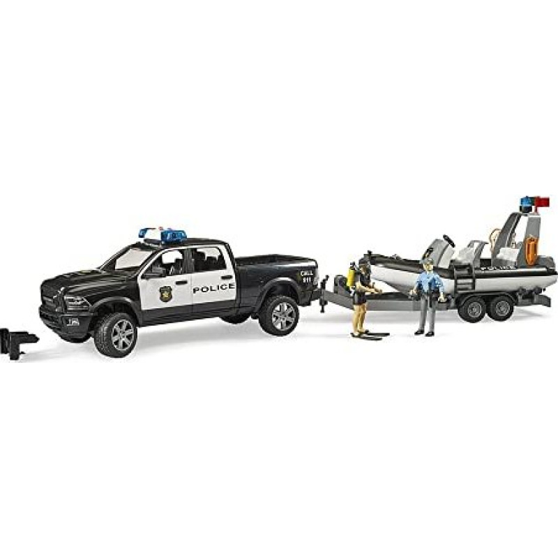 Bruder RAM 2500 police pickup, L+S module, trailer with boat, model vehicle (black/white, including 2 figures)