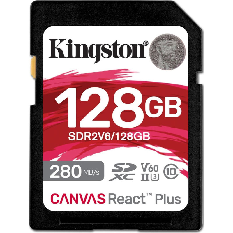 Kingston Canvas React Plus 128GB SDXC Memory Card (Black, UHS-II U3, Class 10, V60, A1)