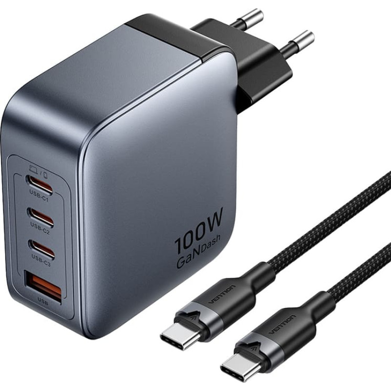 Vention power charger 3x USB-C, 1x USB-A, (100W/100W/30W/30W) (grey) with USB-C to USB-C cable (1m) (black)