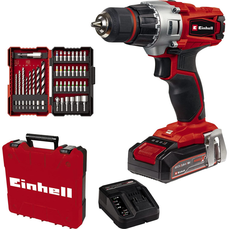 Einhell Cordless drill TE-CD 18/2 Li +39 (red/black, Li-ion battery 2.5Ah, case, 39-piece bit and drill set)