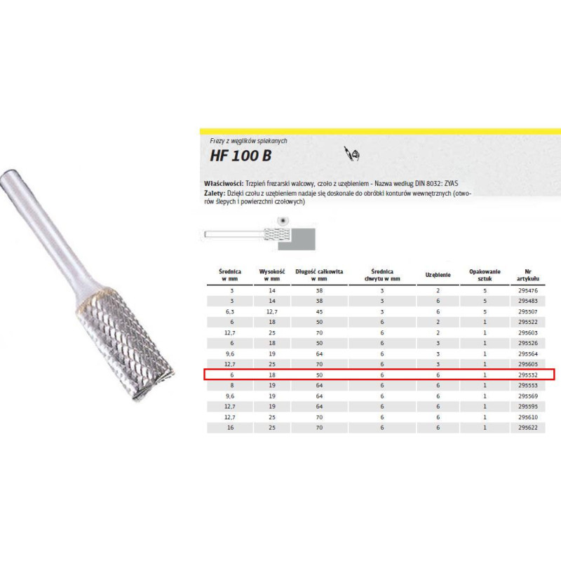 Klingspor FREZ DO METALU HF 100 B FI=6,0x18mm TRZPIEŃ 6mm TYP ZYAS, WALCOWY