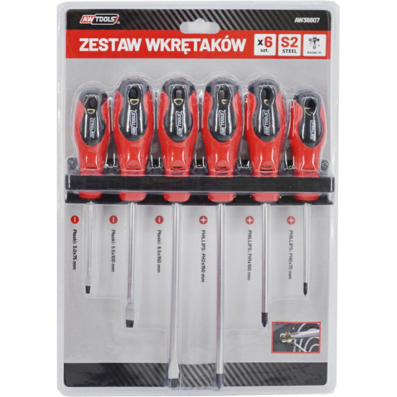 Awtools AW SCREWDRIVER SET BLISTER S2 6pcs WALL-MOUNT RACK