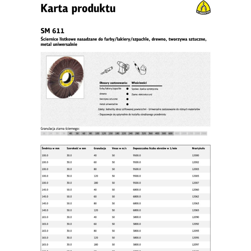Klingspor ŚCIERNICA LISTKOWA NASADZANA SM611 200mm x 50mm gr. 80