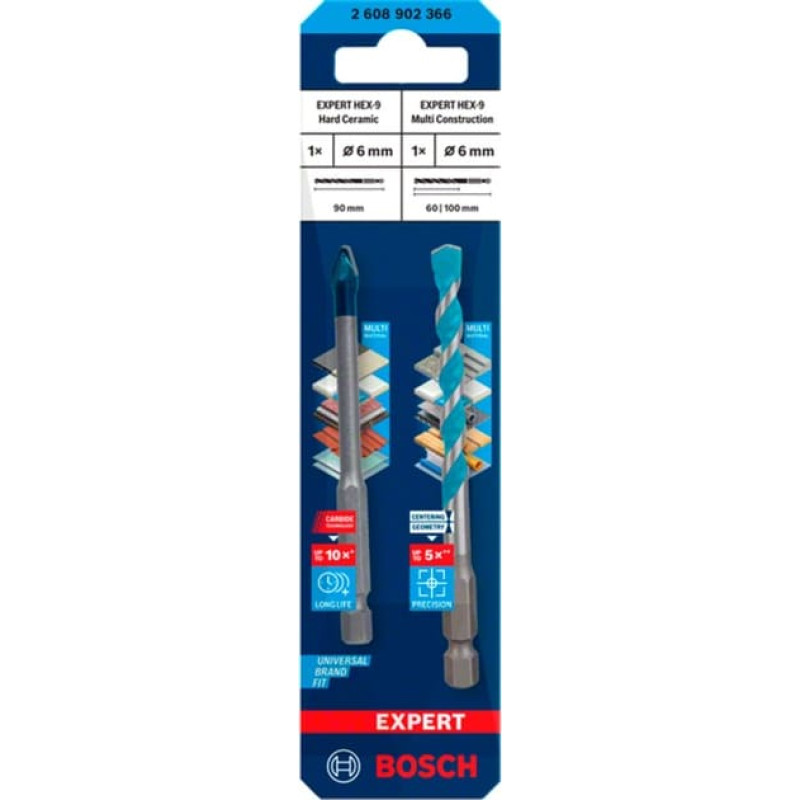 Bosch Expert HEX-9 HardCeramic + HEX-9 MultiConstruction drill bit set, ? 6mm (2-piece)