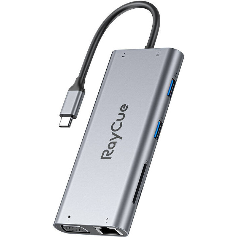 Raycue Hub 11w1 RayCue USB-C do 2x USB-A 2.0 480Mbps + 3x USB-A 3.2 5Gbps + SD/TF 3.0 + HDMI 4K30Hz + VGA 1080p + RJ45 + PD 3.0 100W (sary)