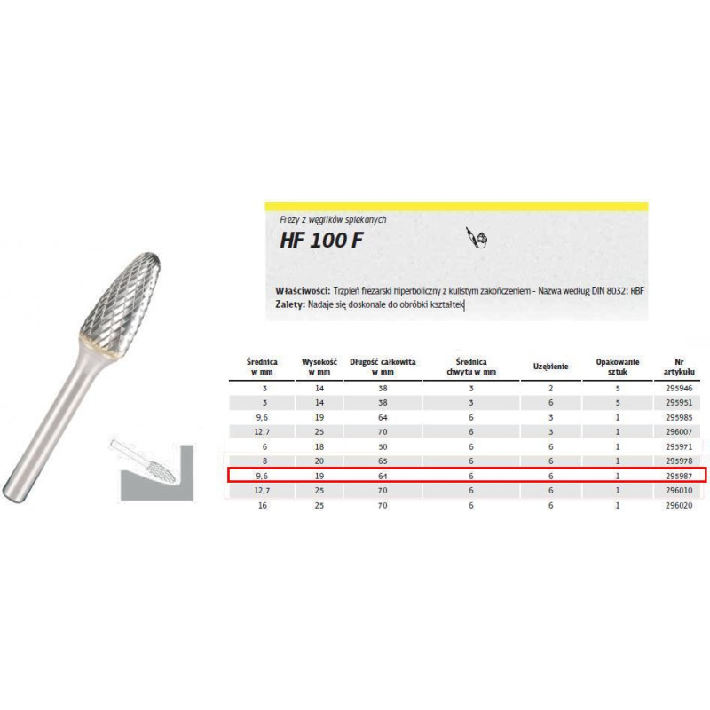 Klingspor FREZ DO METALU HF 100 F FI=9,6x19mm TRZPIEŃ 6mm TYP RBF, HIPERBOLICZNY-POŁOKRĄGŁY