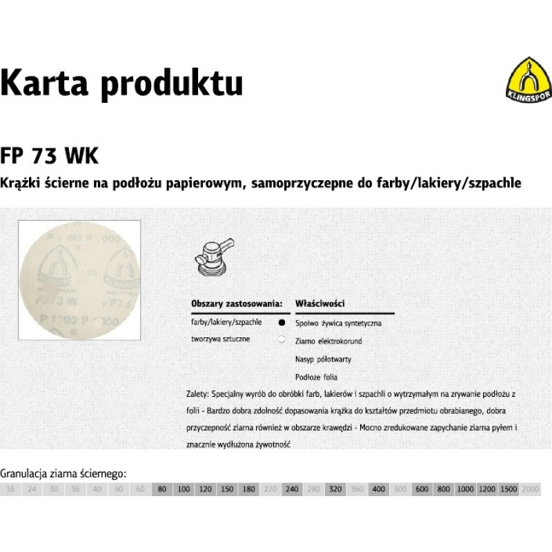 Klingspor KRĄŻEK ŚCIERNY SAMOPRZYCZEPNY 125mm  FP73WK gr. 80 /100szt.