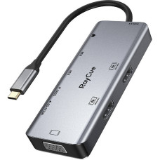 Raycue Hub 9in1 RayCue USB-C to 2x USB-A 3.0 5Gbps + 2x SD/TF 3.0 + 2x HDMI 4K30Hz + VGA 1080p + jack 3.5mm + PD 3.0 100W (gray)