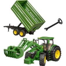 Bruder John Deere 7R 350 with front loader and tandem axle transport trailer, model vehicle