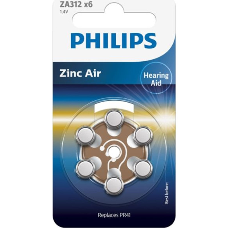 Philips 1x6 Philips Zinc-Air PR41 / 312 Hörgeräte Batterie