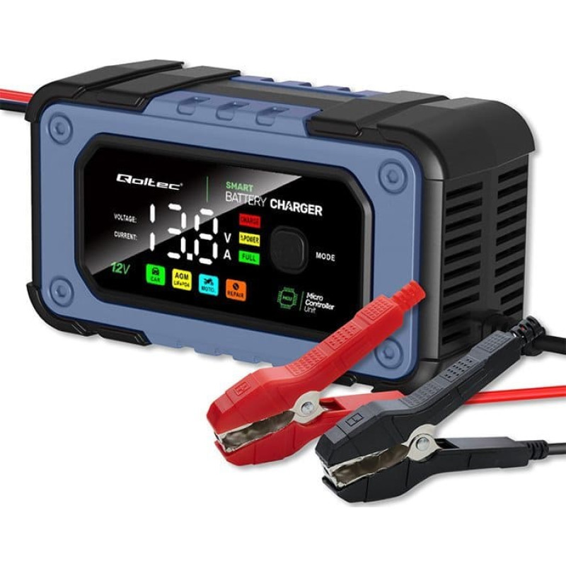 Qoltec Prostownik do akumulatora z funkcj&scaron; naprawy | Inteligentna mikroprocesorowa ładowarka | 12V | 7A | LED | 4 tryby