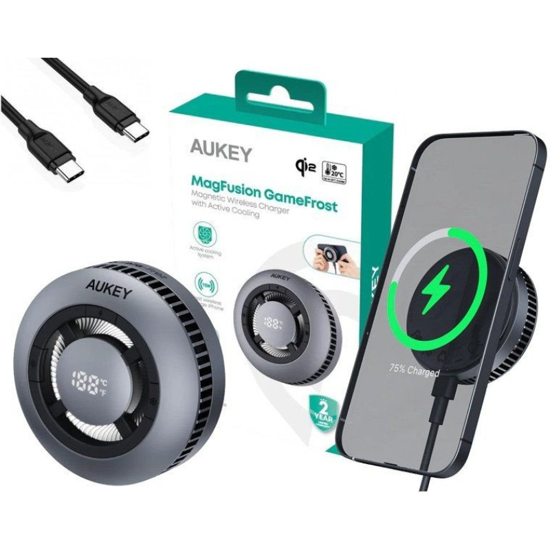 Aukey LC-G10 chłodząca ładowarka bezprzewodowa MagSafe Qi2 15W USB-C