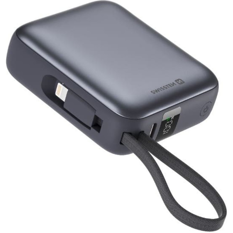 Swissten Power Bank 10000 mAh with Built-In Cables USB-C and Lightning