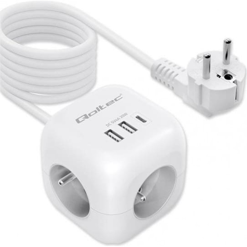 Qoltec Kostka zasilająca Qoltec przedłużacz 6w1 z podświetlanym włącznikiem | 3x AC | 2x USB | 1x USB-C PD 20W | Biała | Kabel 2m