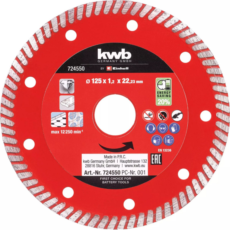 Einhell diamond cutting disc thin, O 125 x 1.4mm for cordless angle grinders with M14 bore