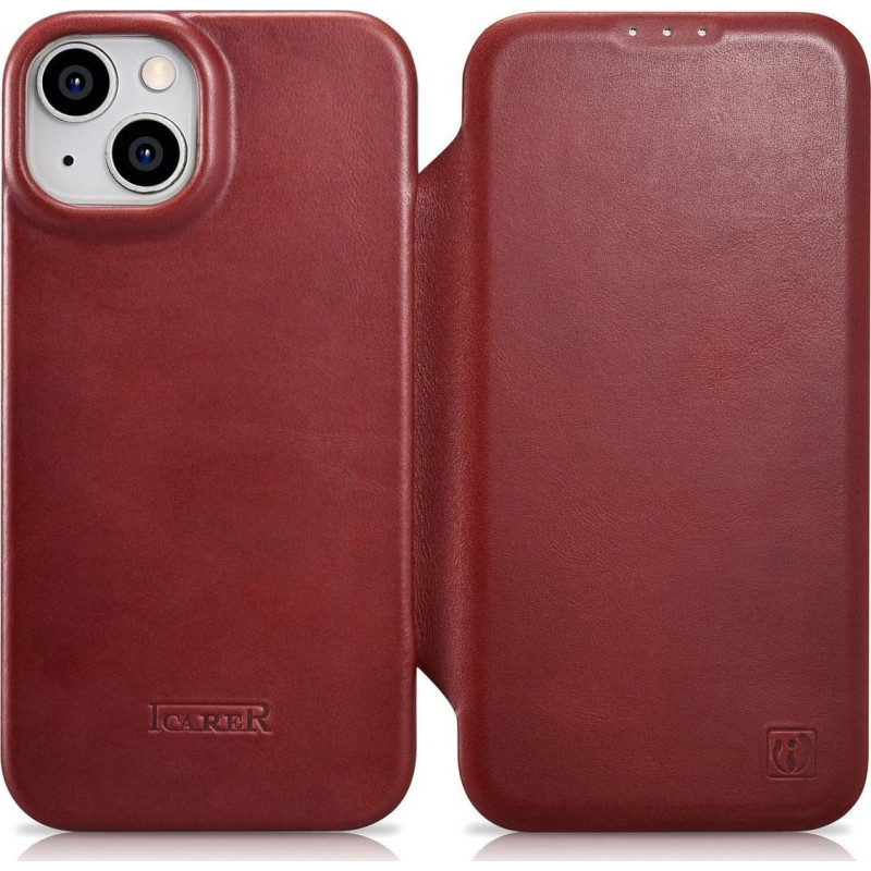 Icarer iCarer CE Oil Wax Premium Leather Folio Case leather case iPhone 14 Plus with MagSafe magnetic flap red (AKI142207-RD)