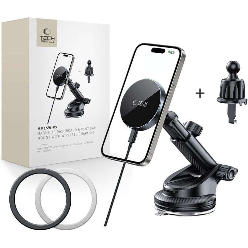 Tech-Protect Uchwyt samochodowy na kokpit / szybę / do kratki z ładowarką 15W + 2x blaszki magnetyczne Tech-Protect MM15W-V5 Magnetic MagSafe Dashboard & Vent Car Mount Wireless Charger 15W Black