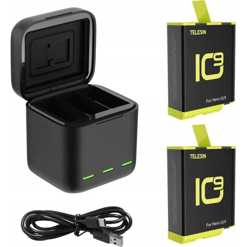 Telesin Three-channel Charger for GoPro Hero 9 / Hero 10 + 2 batteries (GP-BNC-901-B)
