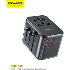 Awei Ładowarka Awei AWEI Adapter siec 2xUSB+3xUSB-C C-39 35W 4w1 US/AU/EU/UK czarny/black Univesal Travel GaN Charger