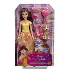 Mattel Disney Princess Bathing and Brushing Belle Fashion Doll with Color-Change Puppy and Accessories