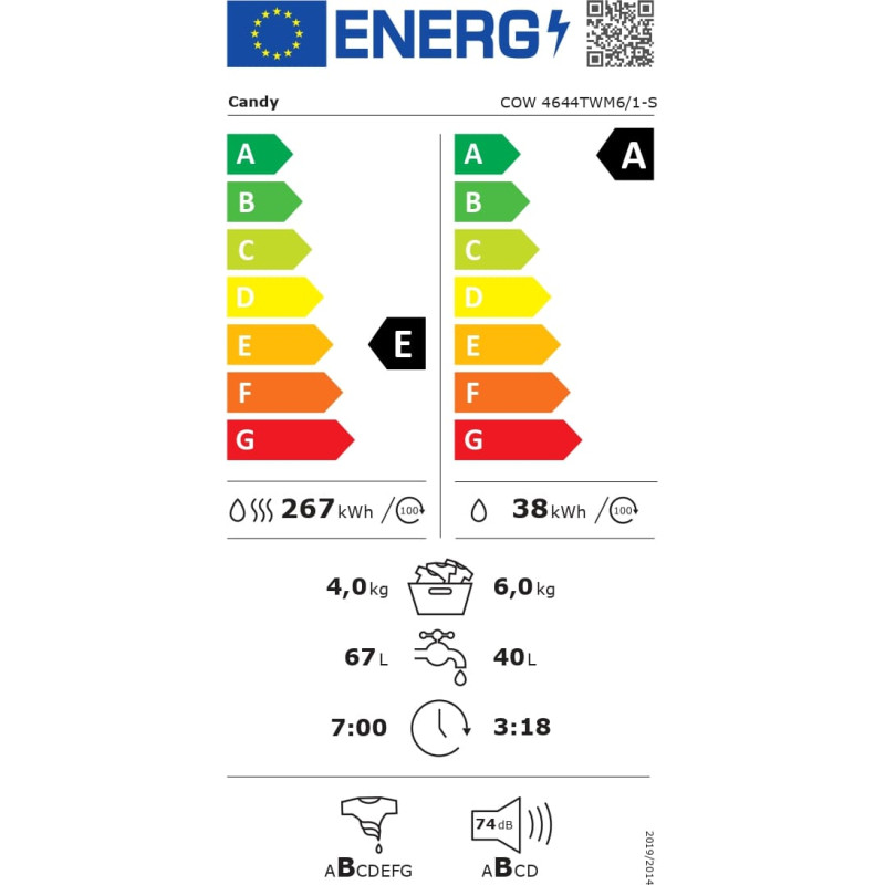 Candy Washing Machine with Dryer | COW 4644TWM6/1-S | Energy efficiency class A/E | Front loading | Washing capacity 6 kg | 1400 RPM | Depth 45 cm | Width 60 cm | Display | 4 Digit | Drying system | Drying capacity 4 kg | Wi-Fi | White