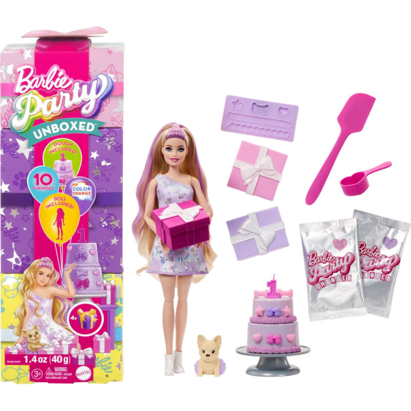 Mattel Barbie Barbie Party Unboxed Pet Birthday Series - purple dress, doll