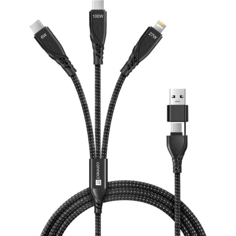 Connect It Nab&iacute;jec&iacute; kabel Wirez 6v1, USB-C/USB, Lightning + 2x USB-C, 1.25m, čern&aacute;