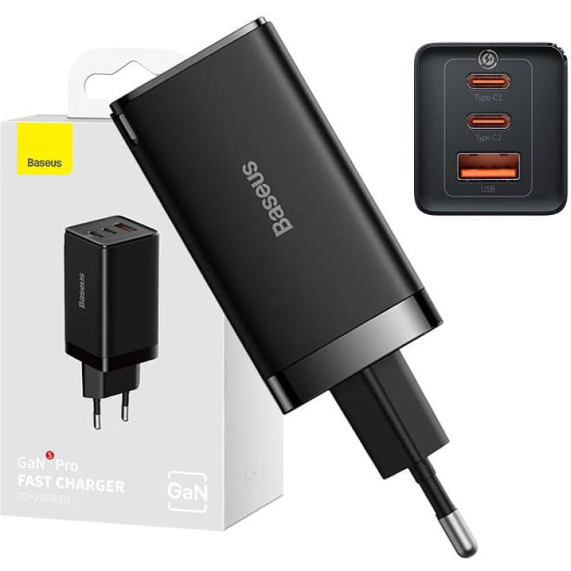 Baseus Wall charger Baseus GaN5 Pro 2xUSB-C + USB, 65W (black)