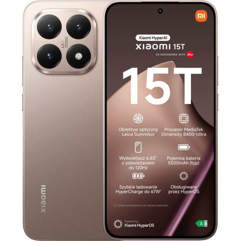 Xiaomi 15T | Rose Gold | 6.83 " | 120Hz eye-care | 2772 x 1280 pixels | Mediatek | D8400-Ultra | Internal RAM 12 GB | 256 GB | Dual SIM | 5G | Main camera resolution 50+50+12 MP | Secondary camera resolution 32 MP | Android | 5500 mAh