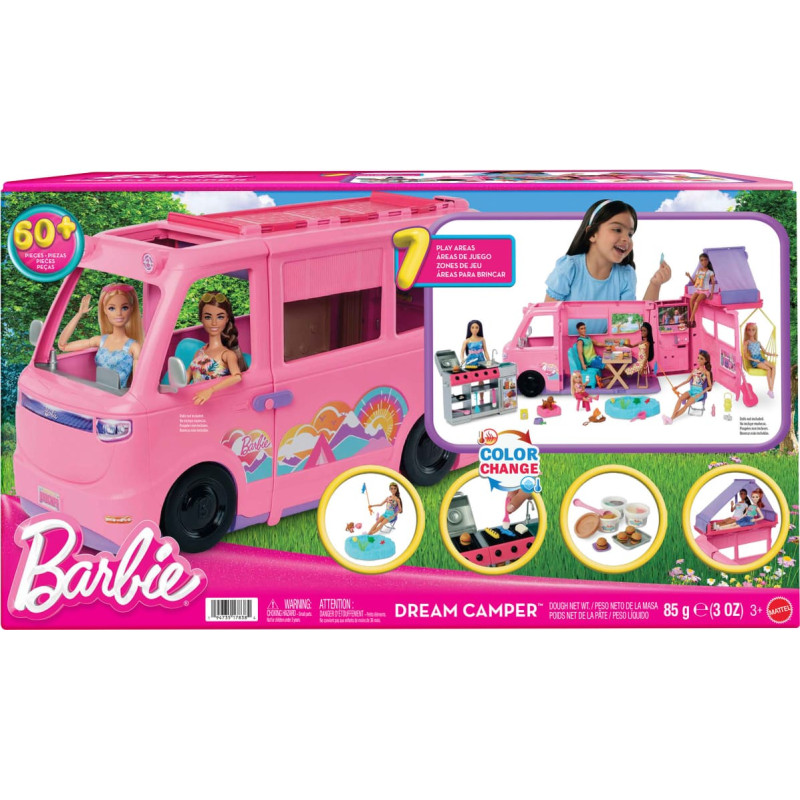 Mattel Barbie Barbie Super Adventure Camper Playset, Toy Vehicle with Rooftop Tent, Color-Change Grill and 60 Accessories