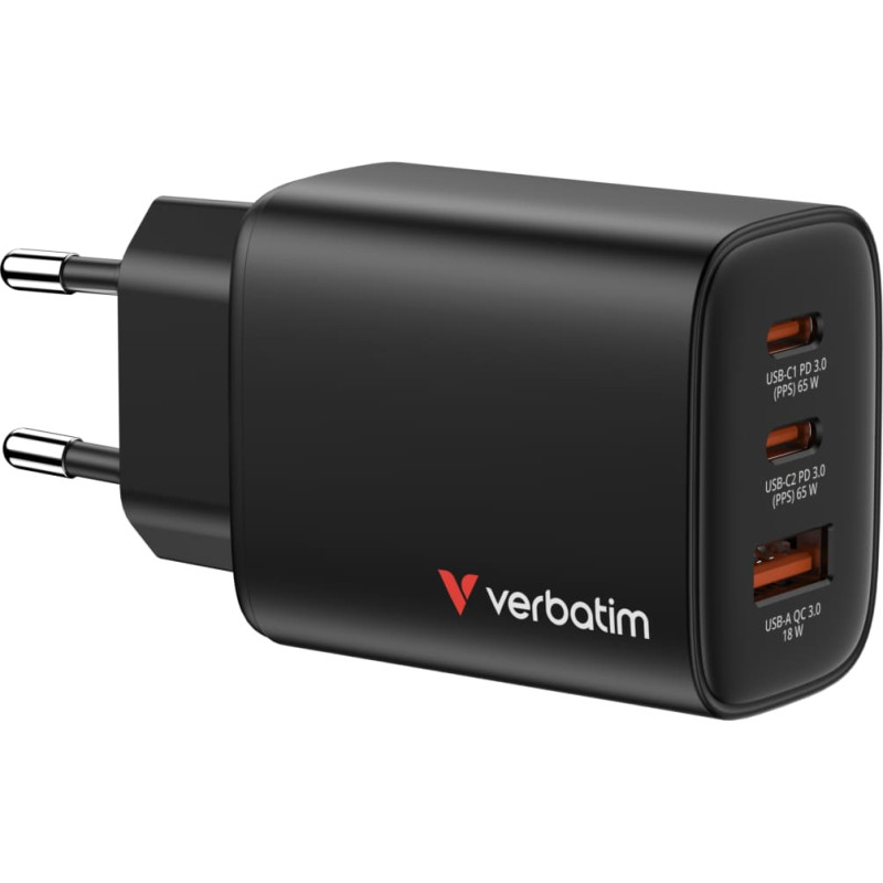 Verbatim Essentials GaN Charger 65W 2xUSB-C/1xUSB-A schwa. 32352