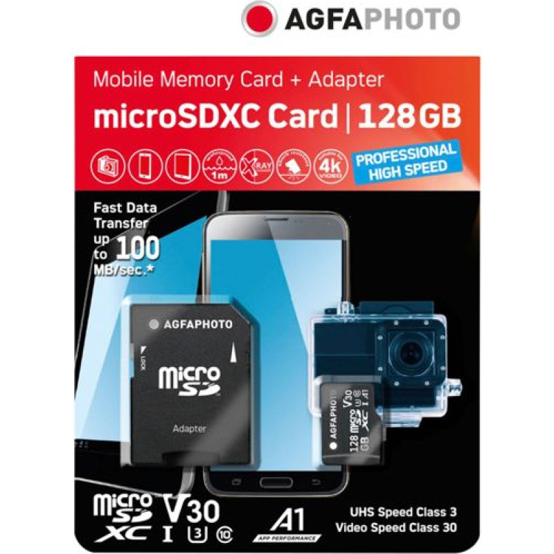 Agfaphoto MicroSDXC UHS I  128GB Prof. High Speed U3 / V30 / A1