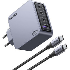 Ugreen Nexode Pro 160W GaN Charger with USB-C Cable Universāls Melns, Pelēks AC Ātrā uzlāde Iekštelpas