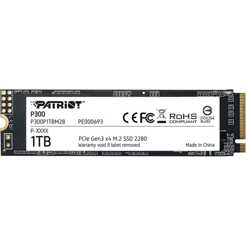 Patriot SSD|PATRIOT|P300|1TB|M.2|PCIE|NVMe|3D NAND|Write speed 1650 MBytes/sec|Read speed 2100 MBytes/sec|3.8mm|TBW 480 TB|P300P1TBM28