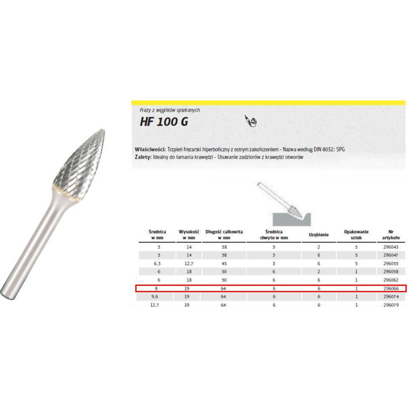 Klingspor METAL MILL HF 100 G FI=8.0x19mm SHOOT 6mm SPG TYPE, HIPERBOLIC-SPICKS