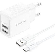 Foneng EU53 2xUSB-A, 2.4A network charger (White) + USB-C cable